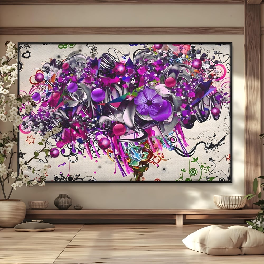 Tablou canvas cu tablou canvas cu flori mov si inimi, in rama de aluminiu negru